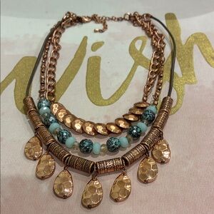 Gold To Copper Tone and Turquoise Beaded Multi-Layer Necklace